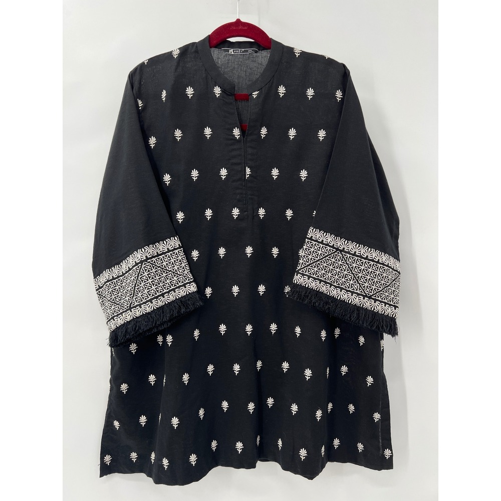 Nishat Linen Pret Black Embroidered Tunic Kurta Fringe Cuffs Womens 10